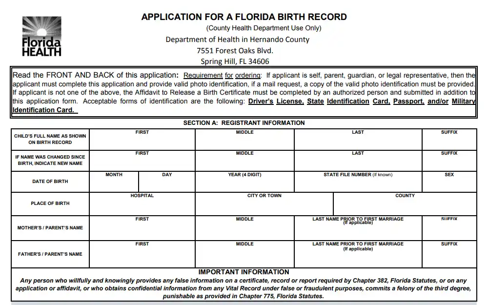 A screenshot of the 'Application Form for A Florida Birth Record' from the Hernando County Department of Health requires to provide all registrant information to search.