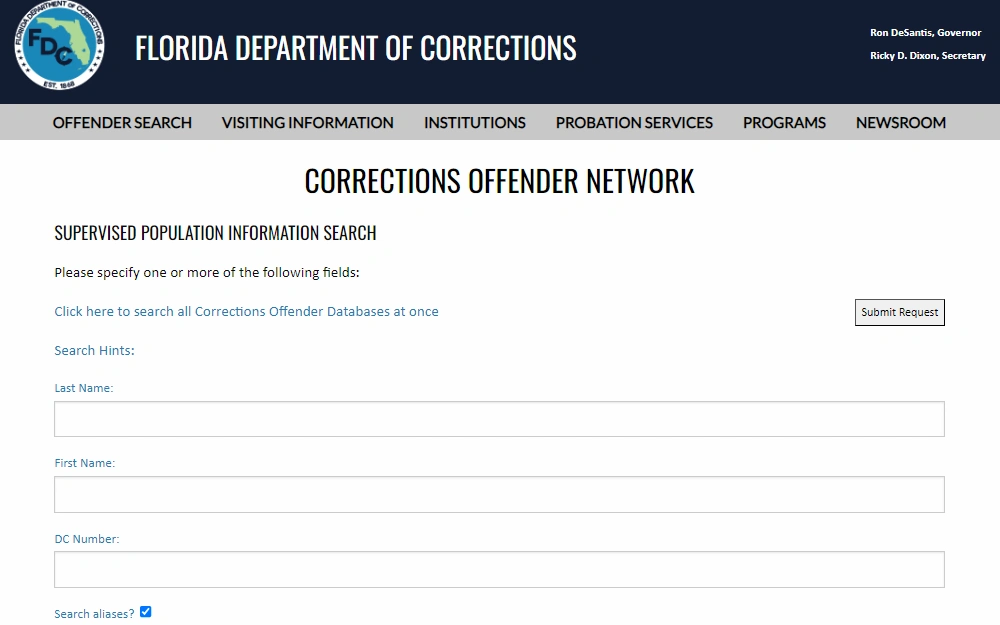 A screenshot of the Florida Department of Corrections Offender Search Page requires users to input the offender's last name, first name, or DC number to search. 