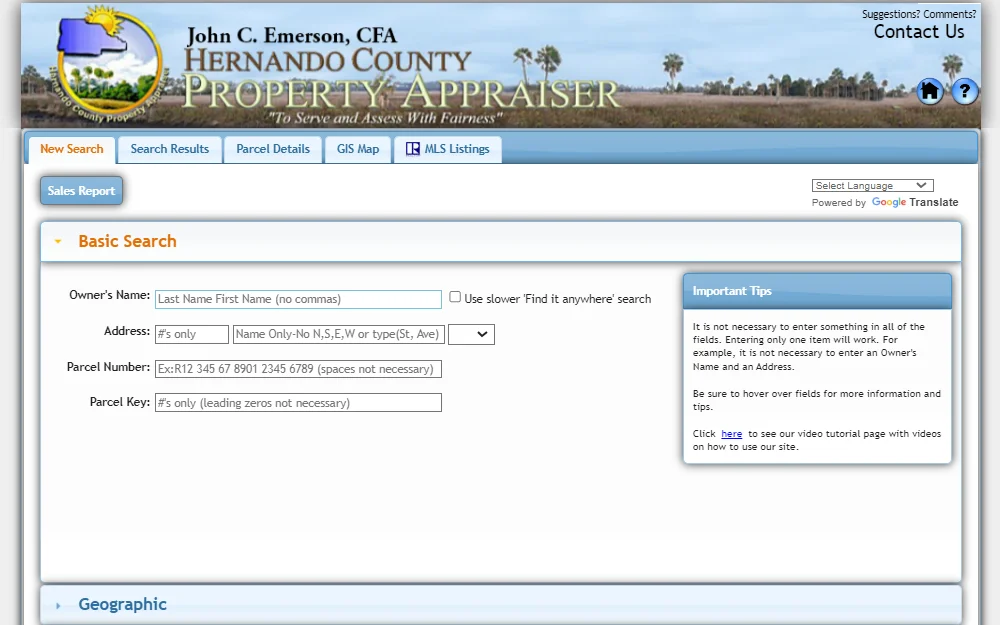 A screenshot of the basic search page from the Hernando County Property Appraiser website requires users to input the owner's name, address, parcel number, and key. 