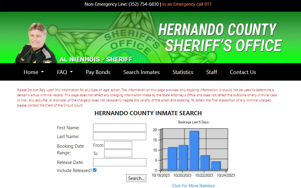 A screenshot of the inmate search page from the Hernando County Sheriff's Office shows the fields needed to search, such as the inmate's full name, booking range, and release date; it also displays the number of bookings for the last five days through the graph. 