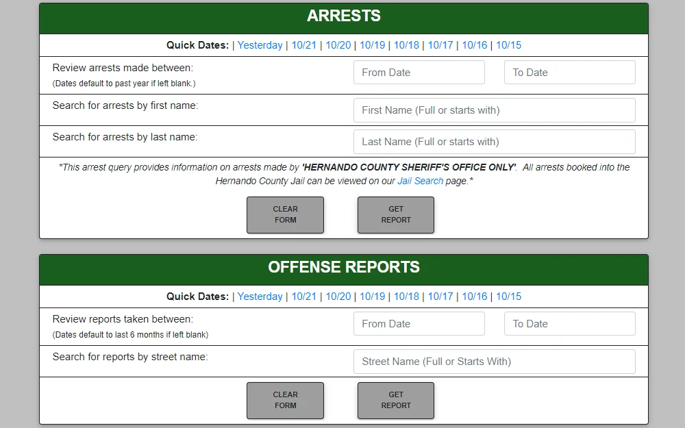 A screenshot of the 'Public Records Inquiry' from the Hernando County Sheriff's Office website displays the search options Arrest Search and Offense Reports Search, including the fields needed for each type of search. 