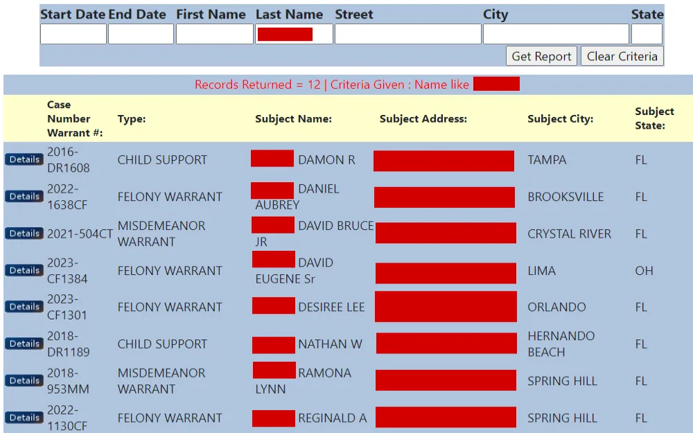 A screenshot of the list of individuals with warrants listed by the Hernando County Sheriff's Office with case no., type of warrant, subject name and address.