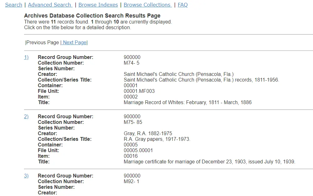 Screenshot of the archive search results showing items related to marriage records, displaying the respective record group, collection, series, file unit, and item numbers; and title.
