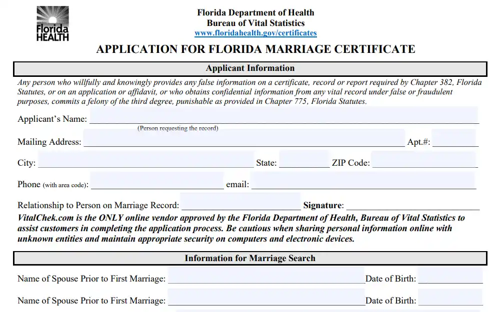 Screenshot of a section of the marriage certificate application form with fields for applicant information, and information for marriage search such as the names of both spouses.