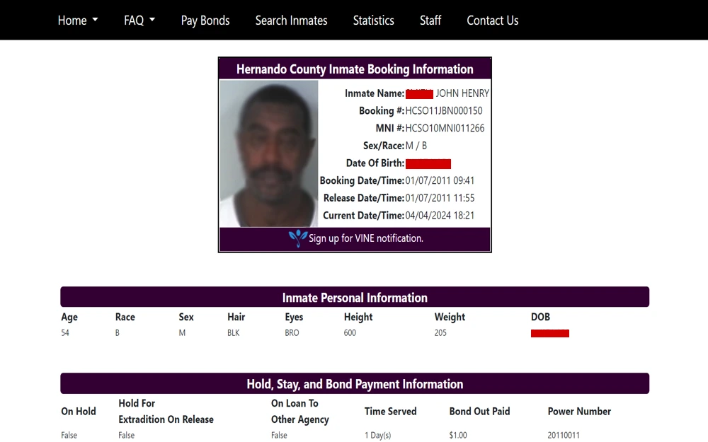A screenshot from the Hernando County Sheriff’s Office shows detailed booking information for an inmate, including a photograph, name, demographic details, booking and release dates, a section for personal information like age, height, and weight, and a separate area for bond payment data.