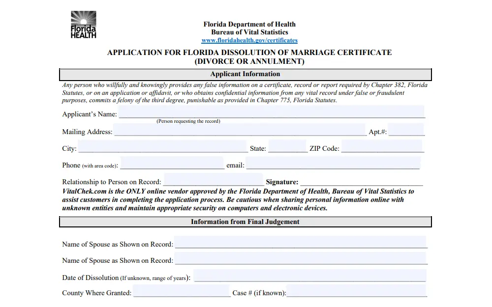 Screenshot of the application form for dissolution of marriage certificate provided by the health department of Florida, showing the first two sections: applicant information, which asks for the applicant's name, mailing address, phone number, email, relationship to the person on record, and signature; and final judgment information, with fields for the names of spouses, date of dissolution, county where it was granted, and case number.