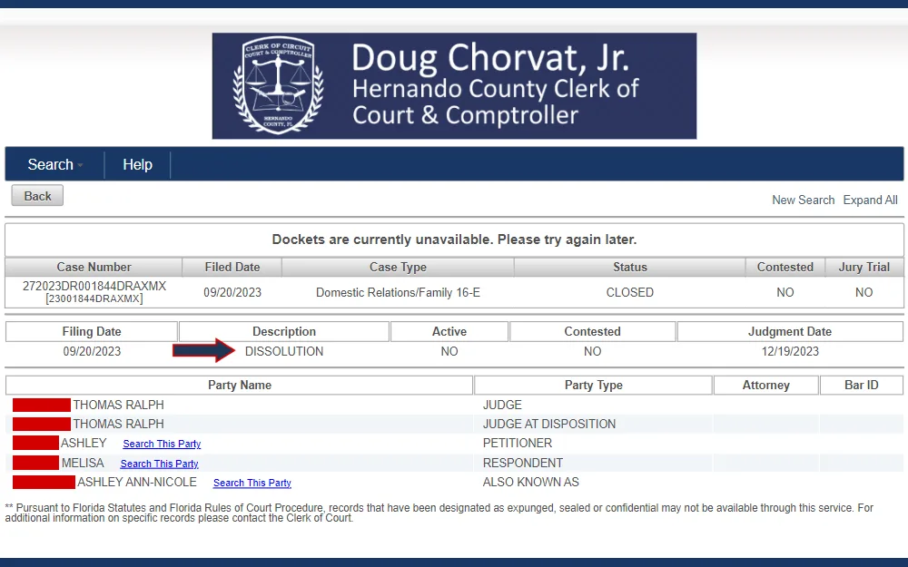Screenshot of a dissolution case detail taken from the search results from the Hernando County Clerk of Court & Comptroller's case search tool, displaying the case number, filed date, case type, status, contested, jury trial, description, judgement date, party names, party types, attorneys, and bar IDs.