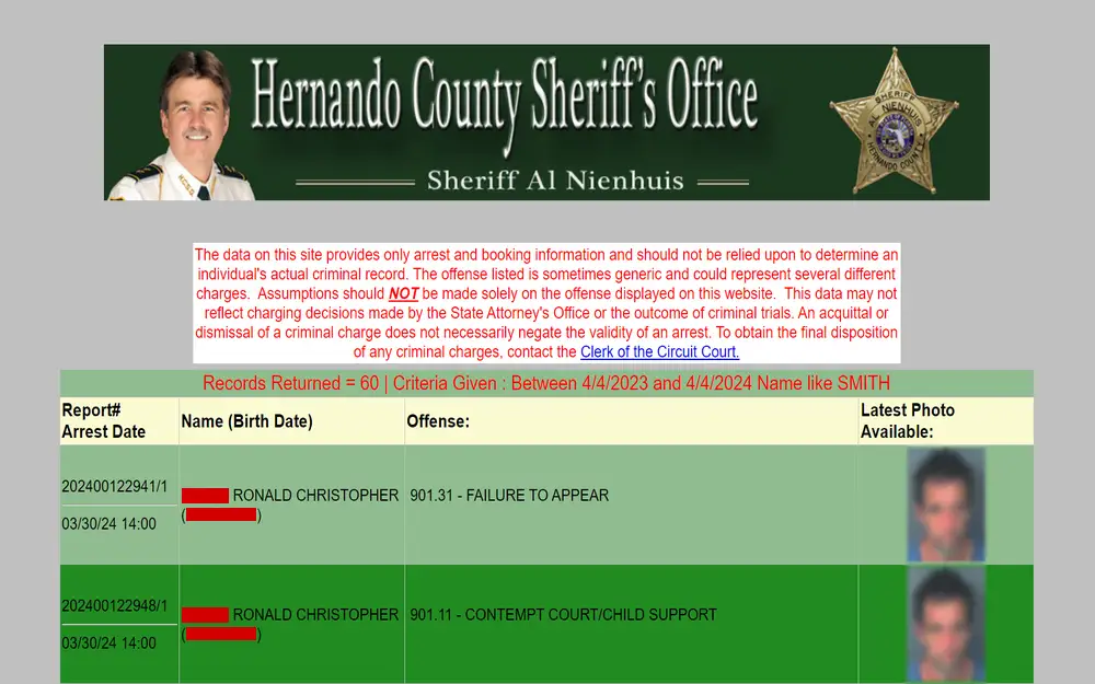 A screenshot from the Hernando County Sheriff’s Office displaying individual arrest records, including names, birth dates, offenses, arrest dates, and mugshots, with a disclaimer regarding the use of the provided data.