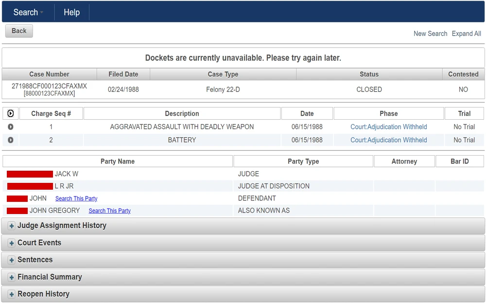 A screenshot from the Hernando County Clerk of Circuit Court & Comptroller showing the case number, filing date, charges, party names, types, judge assignments, and other court-related information, with an alert indicating that docket entries are currently unavailable.