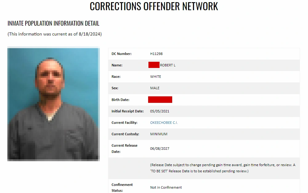 A screenshot from the Florida Corrections Offender Network inmate information page, featuring an inmate's mugshot and personal details, including DC number, race, custody status, and projected release date.