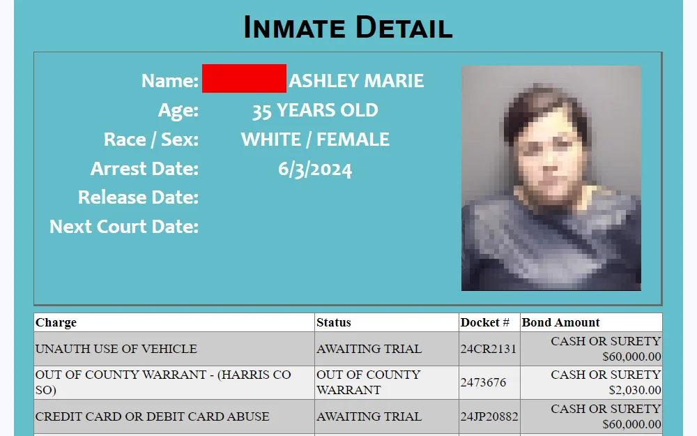 A screenshot from the Galveston County Sheriff's Office Inmate Inquiry page showing an inmate detail, including her mugshot photo and information about her charges, arrest date and bond amounts.