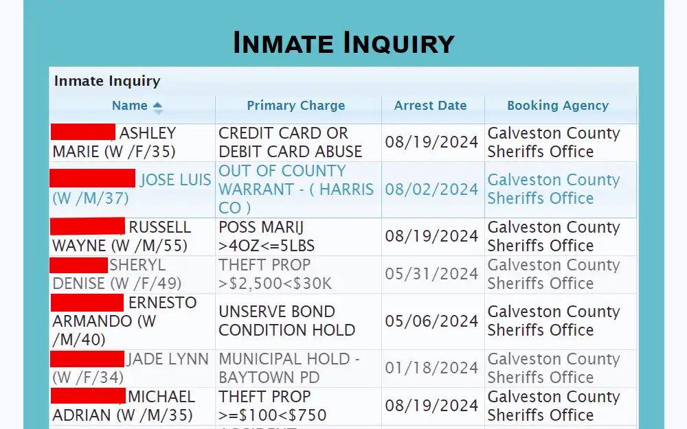 A screenshot of Galveston County Sheriff's Office inmate list with details, including inmates' names, primary charges, arrest dates, and booking agency.