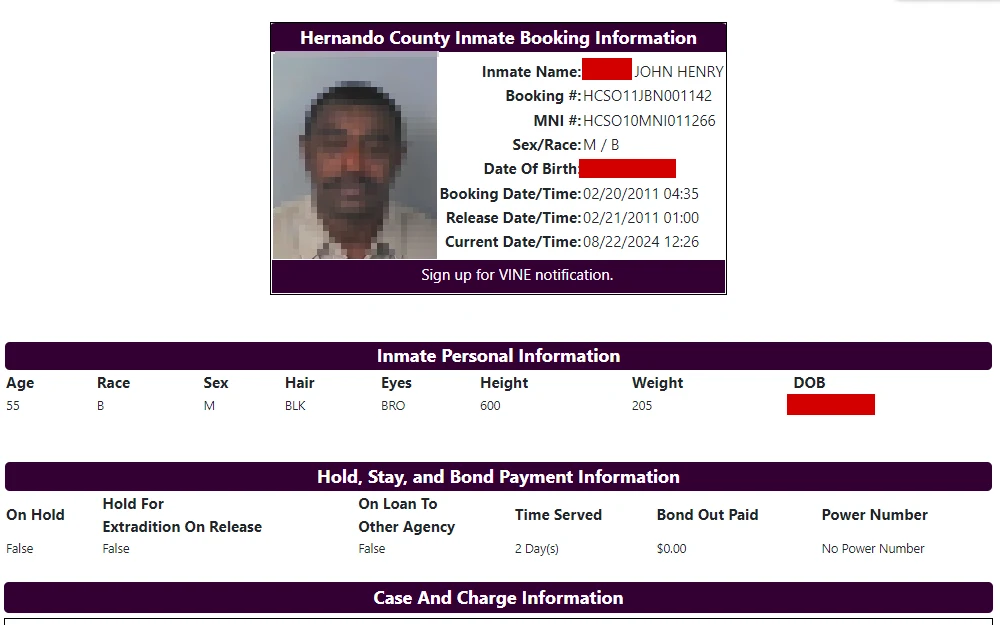 A screenshot displays an inmate booking record from Hernando County Sheriff's Office page, showing a mugshot and personal information, including booking details, physical attributes, and hold status.