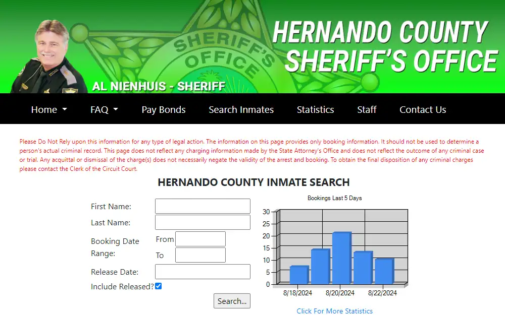 A screenshot of the Hernando County Sheriff's Office inmate search page, featuring a green banner with the sheriff's photo, search form, and a bar graph of recent bookings.