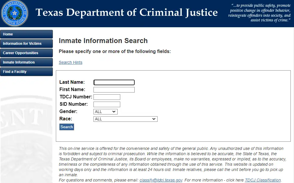 A screenshot from the Texas Department of Criminal Justice website's Inmate Information Search page, featuring input fields for various search criteria such as name, TDCJ number, and demographic information.